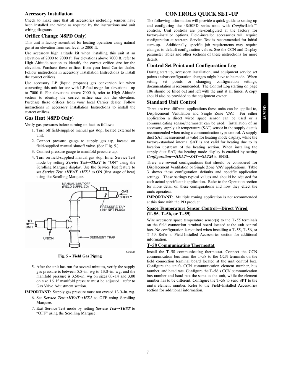Controls quick set--up, Accessory installation, Orifice change (48pd only) | Gas heat (48pd only), Control set point and configuration log, Standard unit control | Carrier 48/50PD05 User Manual | Page 7 / 106