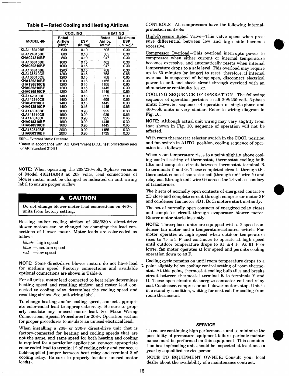 A caution, Service | Carrier 48KHA User Manual | Page 16 / 22
