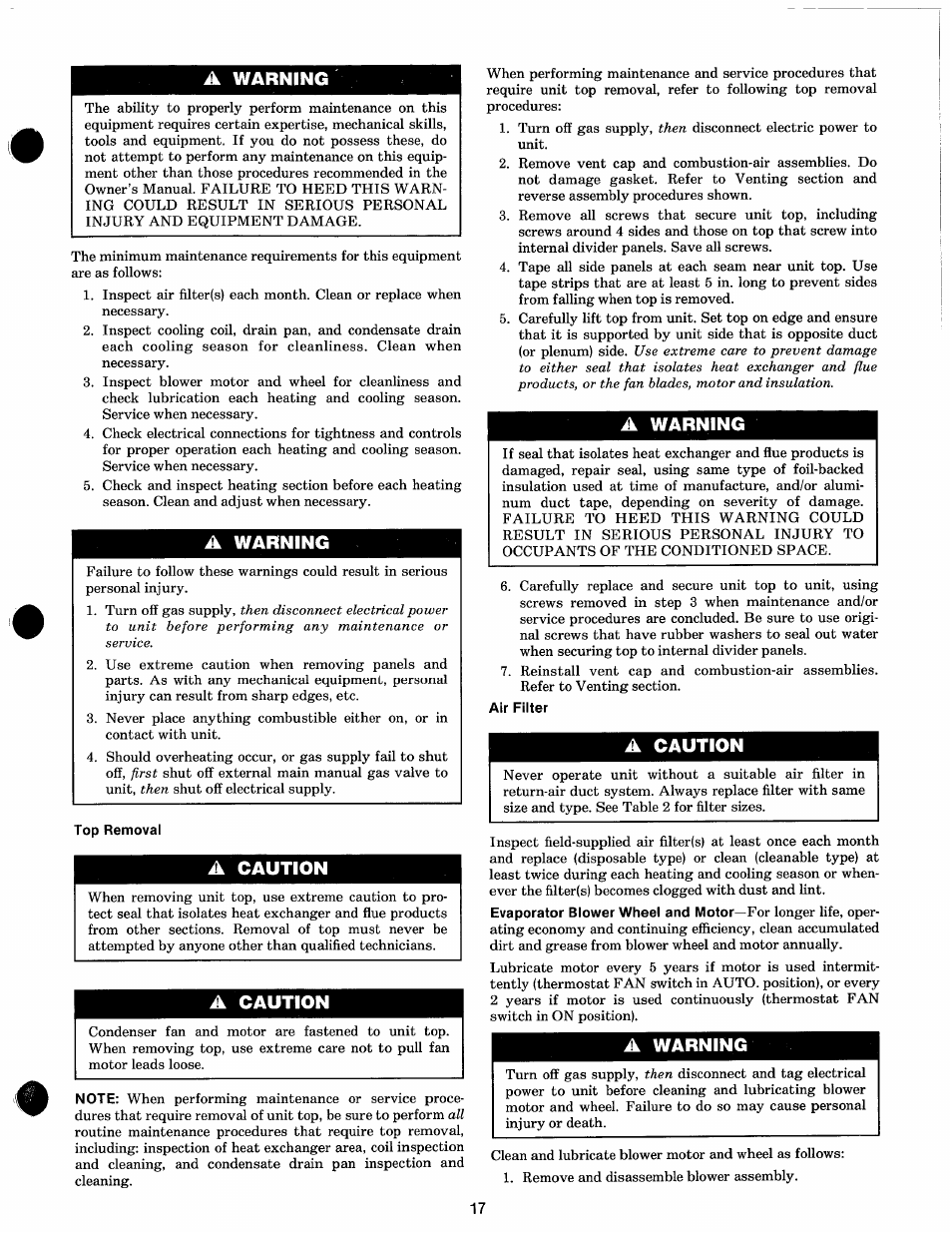 A warning, Top removal, A caution | Carrier 48KHA User Manual | Page 17 / 22