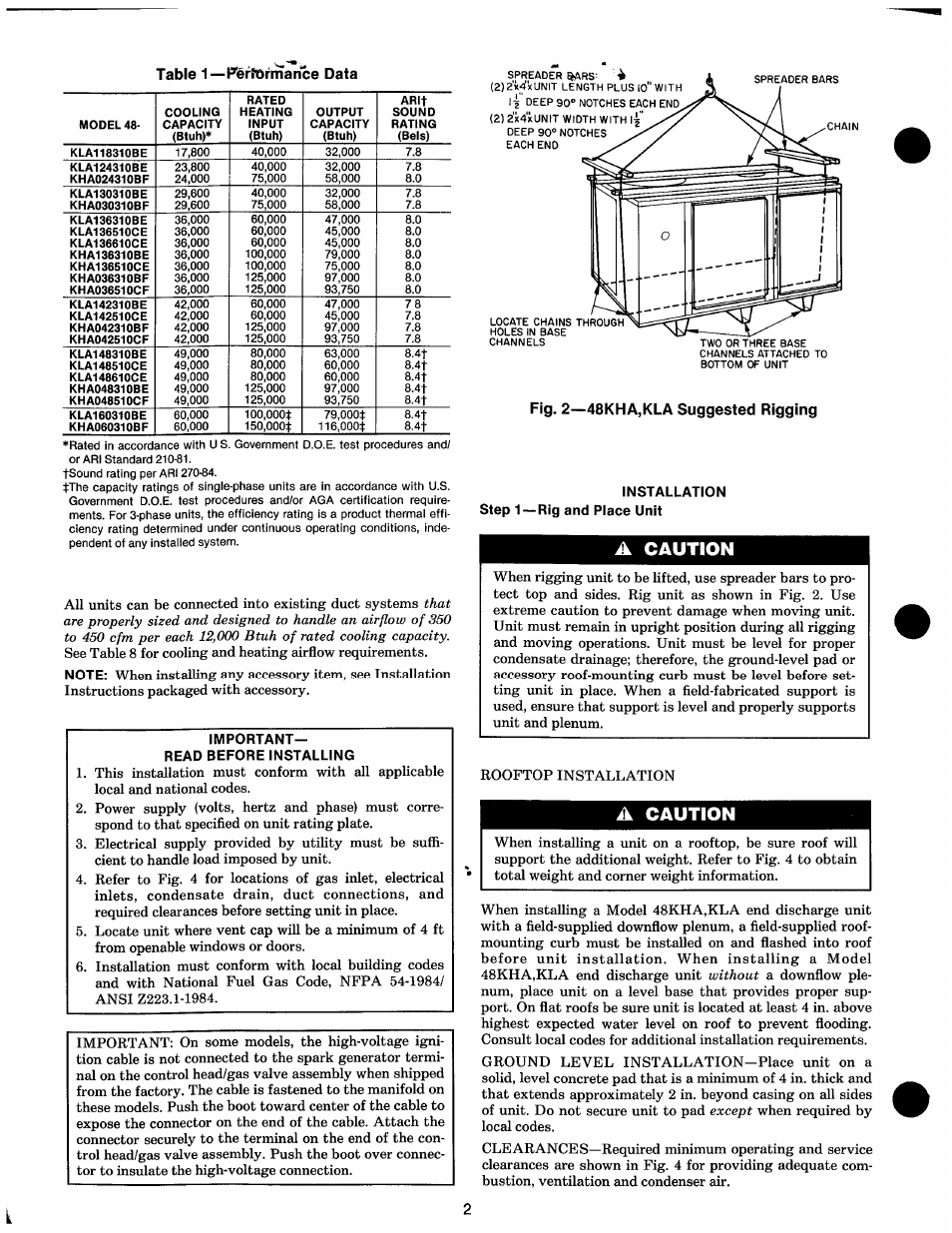 Important- read before installing, Installation step 1—rig and place unit, A caution | Carrier 48KHA User Manual | Page 2 / 22