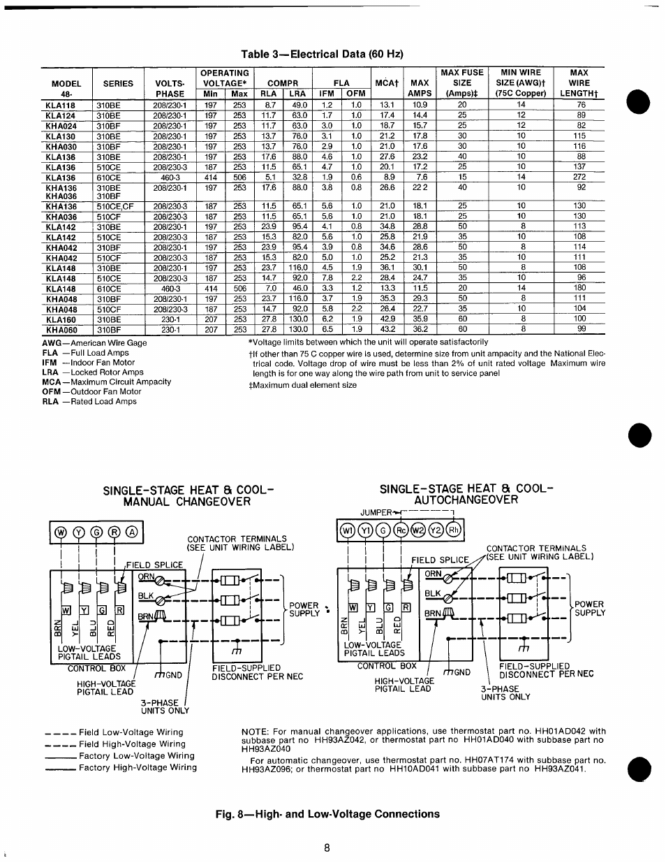 Single-stage heat s cool- autochangeover, Frrw, N-rvri | Fig. 8—high- and low-voitage connections, Table 3—electrical data (60 hz) | Carrier 48KHA User Manual | Page 8 / 22