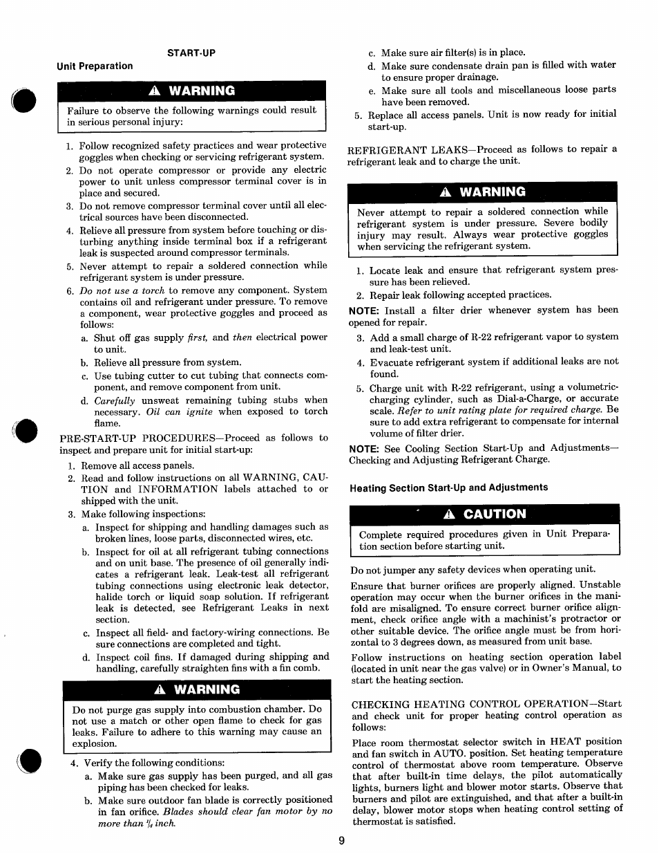 Startup, A warning, A caution | Carrier 48KHA User Manual | Page 9 / 22