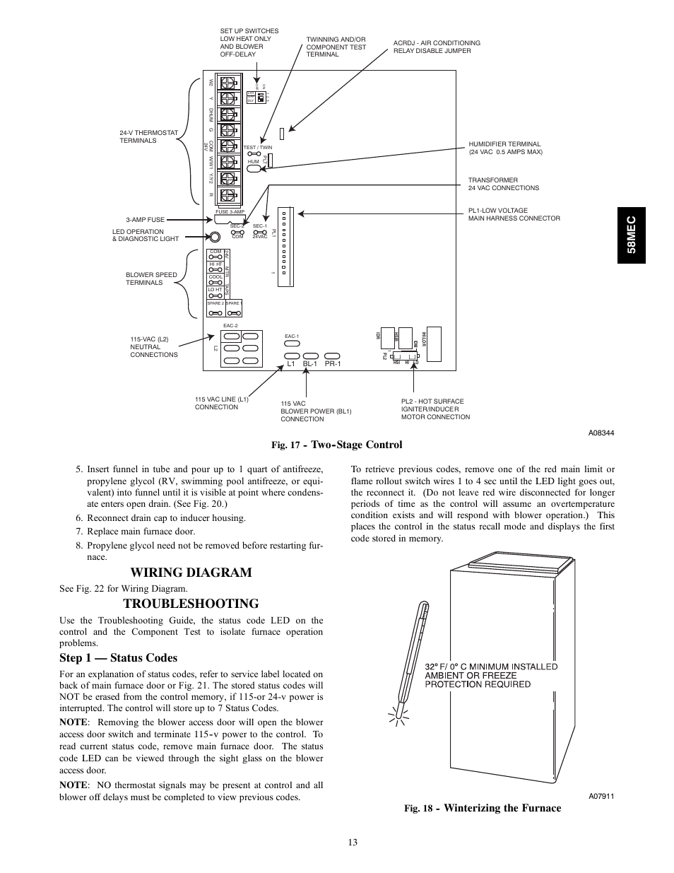 Wiring diagram, Troubleshooting, Step 1 — status codes | Two--stage control, Winterizing the furnace 58me c, Fig. 17, See fig. 22 for wiring diagram, Fig. 18 | Carrier 58MEC User Manual | Page 13 / 18