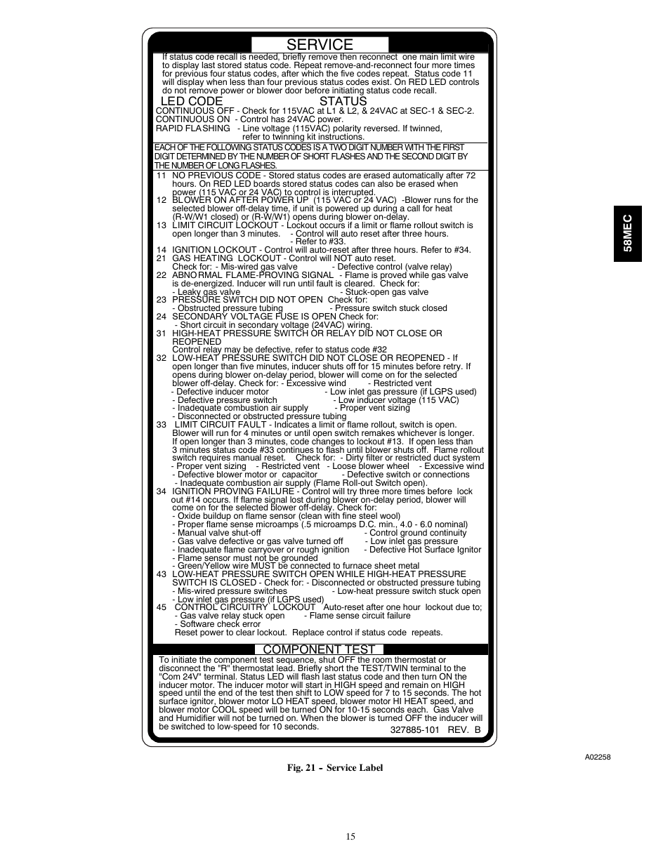 Service, Led code, Status | Component test | Carrier 58MEC User Manual | Page 15 / 18