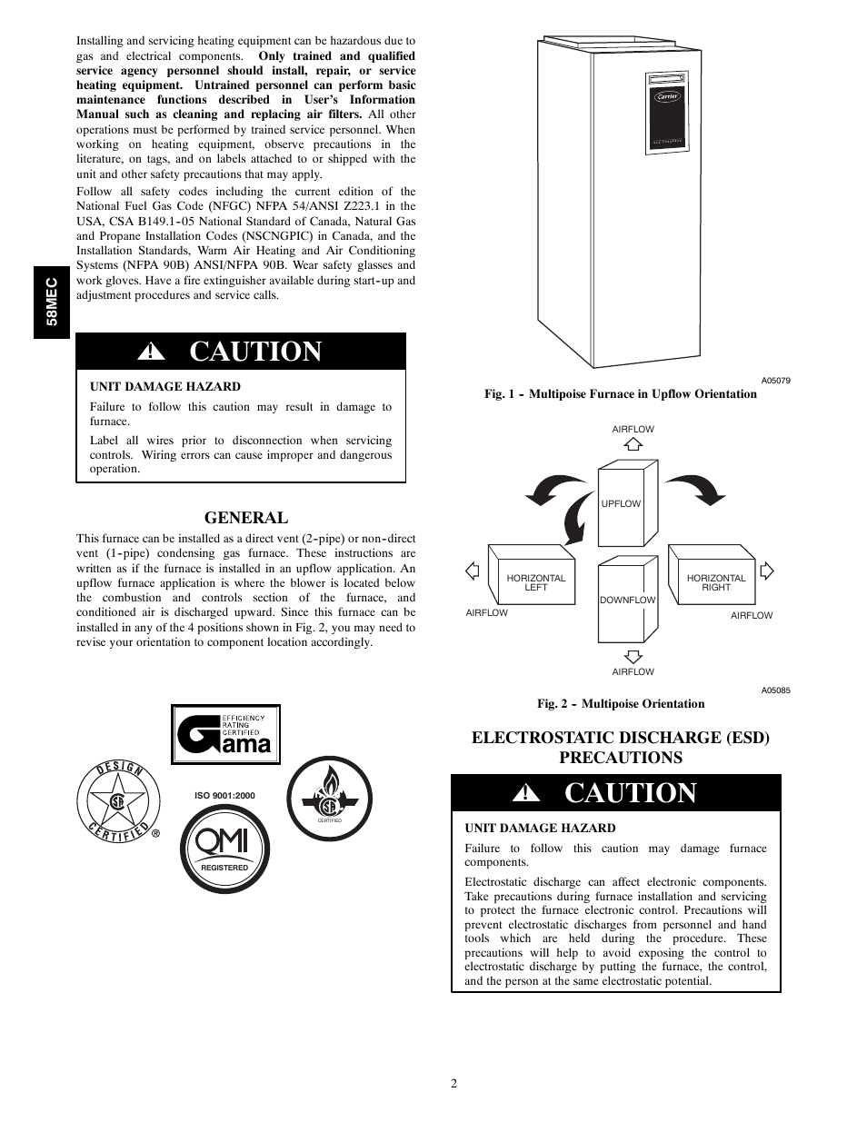 Caution, General, Electrostatic discharge (esd) precautions | Carrier 58MEC User Manual | Page 2 / 18