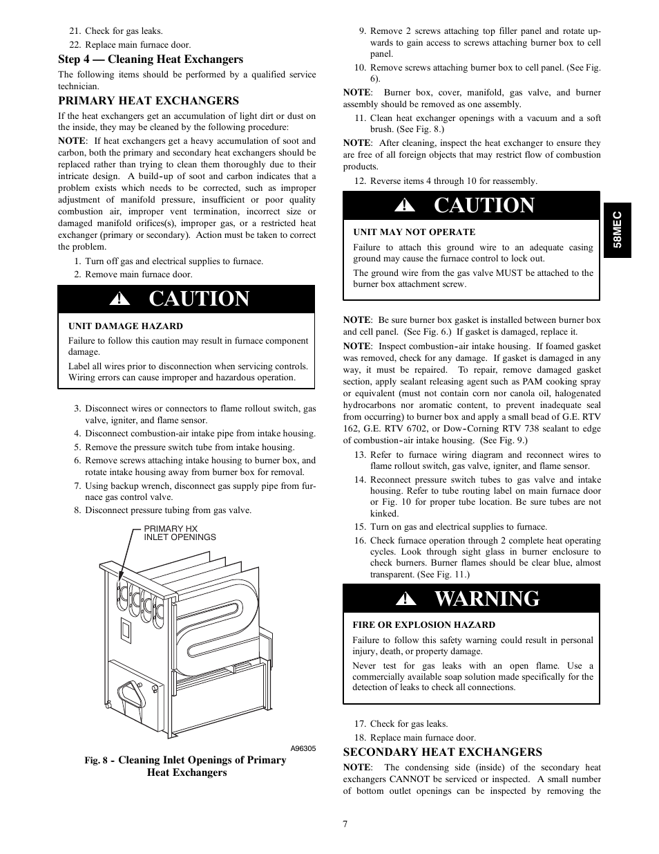 Caution, Warning | Carrier 58MEC User Manual | Page 7 / 18