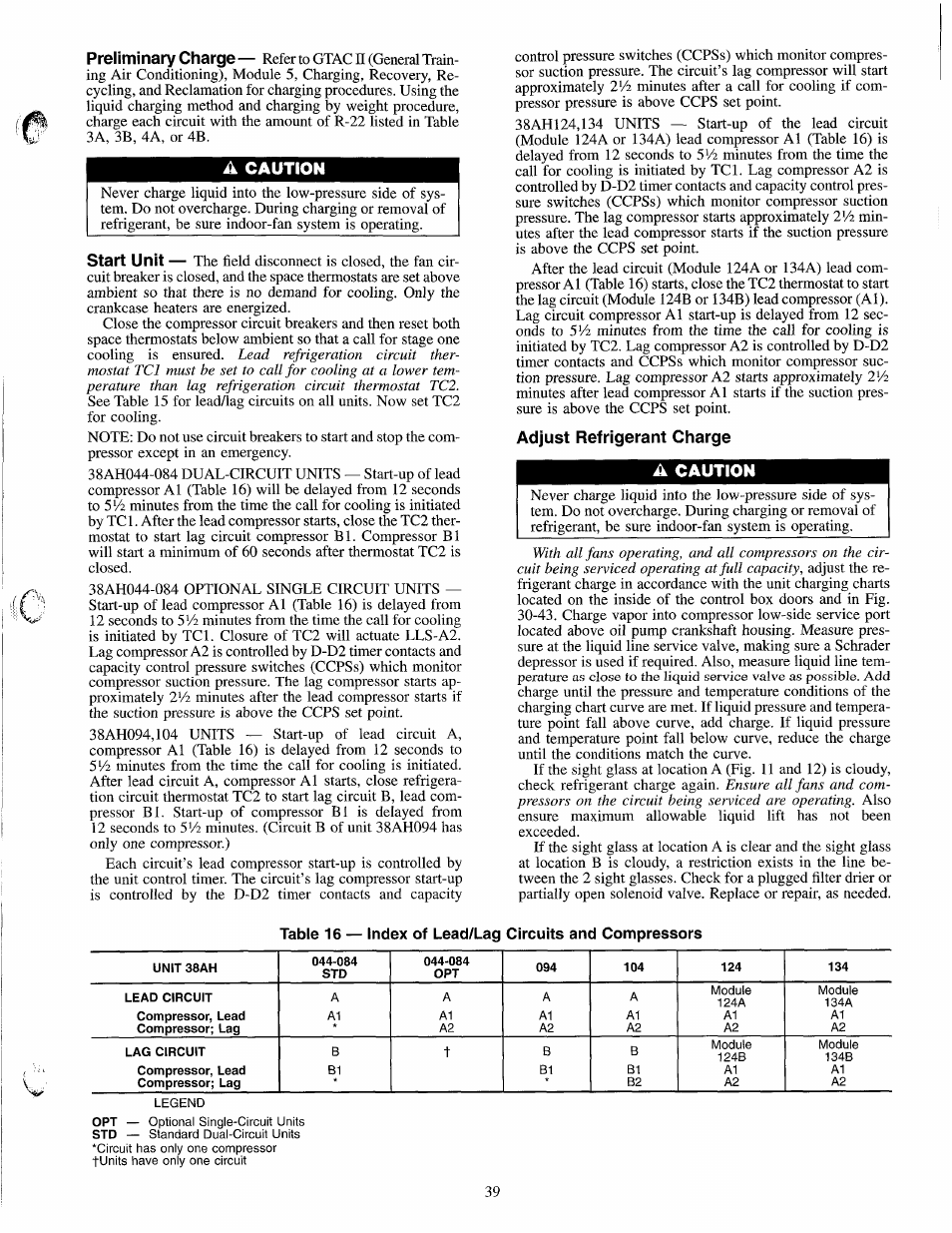 A caution, Adjust refrigerant charge | Carrier 38AH044-134 User Manual | Page 39 / 56
