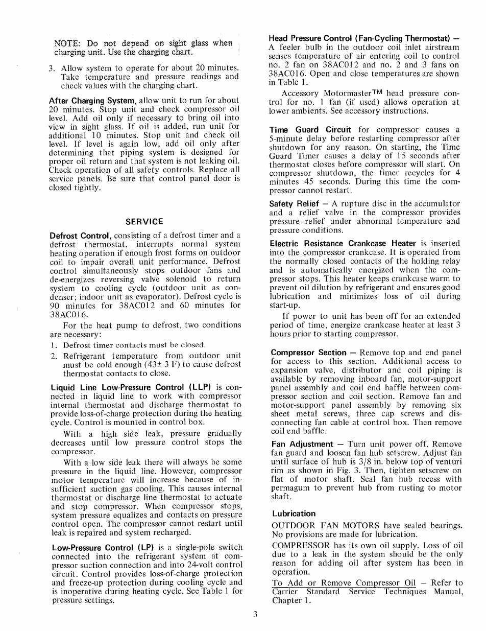 Service, Head pressure control (fan-cycling thermostat), Lubrication | Carrier 38AC User Manual | Page 3 / 6