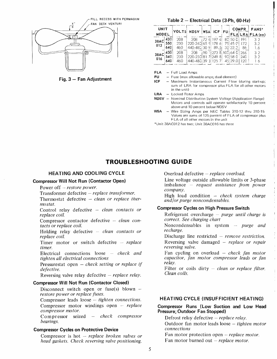 Table 2 — electrical data (3-ph, 60-hz), Heating cycle (insufficient heating), Troubleshooting guide | Power off, Transformer defective, Thermostat defective, Control relay defective, Compressor contactor defective, Holding relay defective, Timer motor or switch defective | Carrier 38AC User Manual | Page 5 / 6