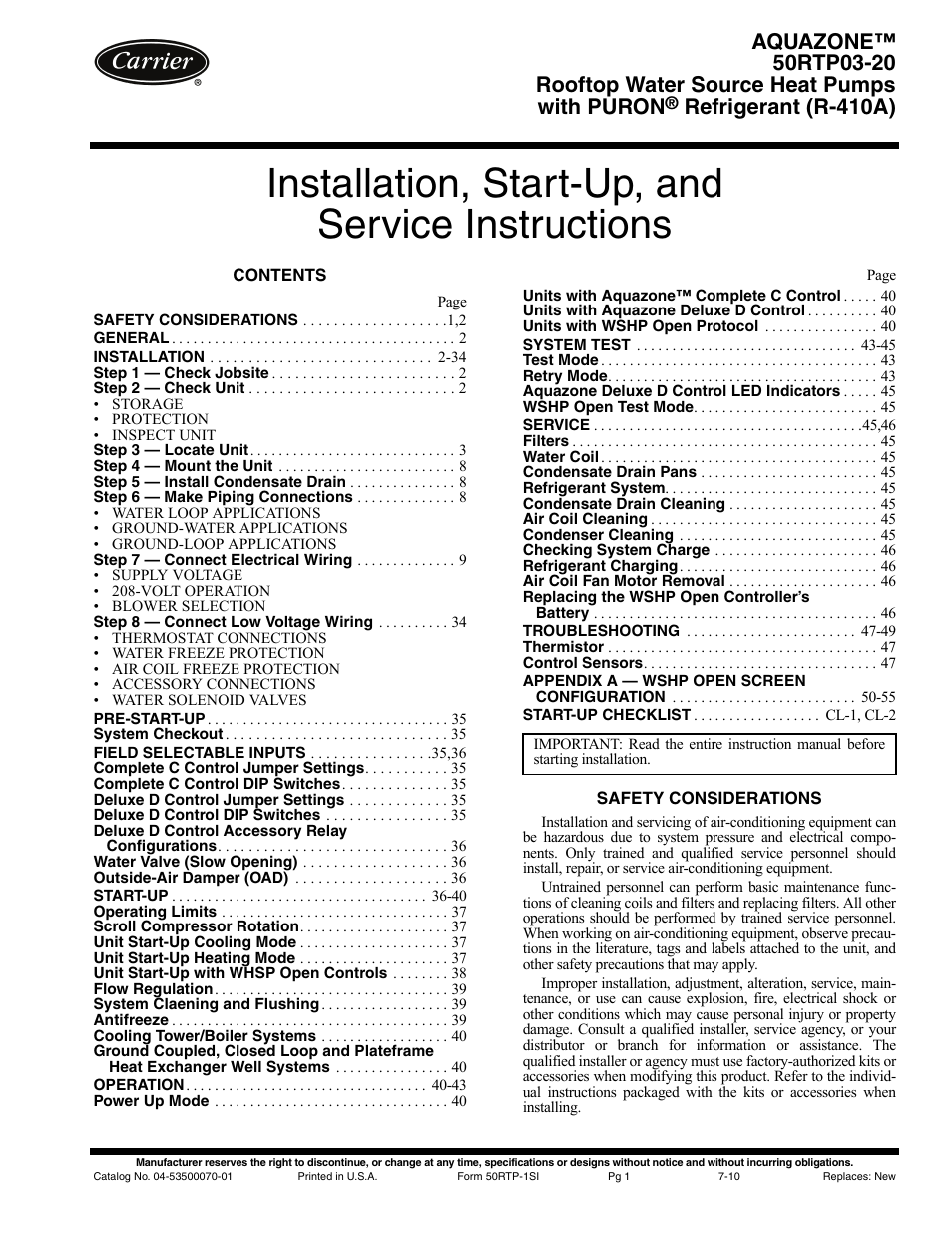 Carrier AQUAZONE 50RTP03-20 User Manual | 60 pages