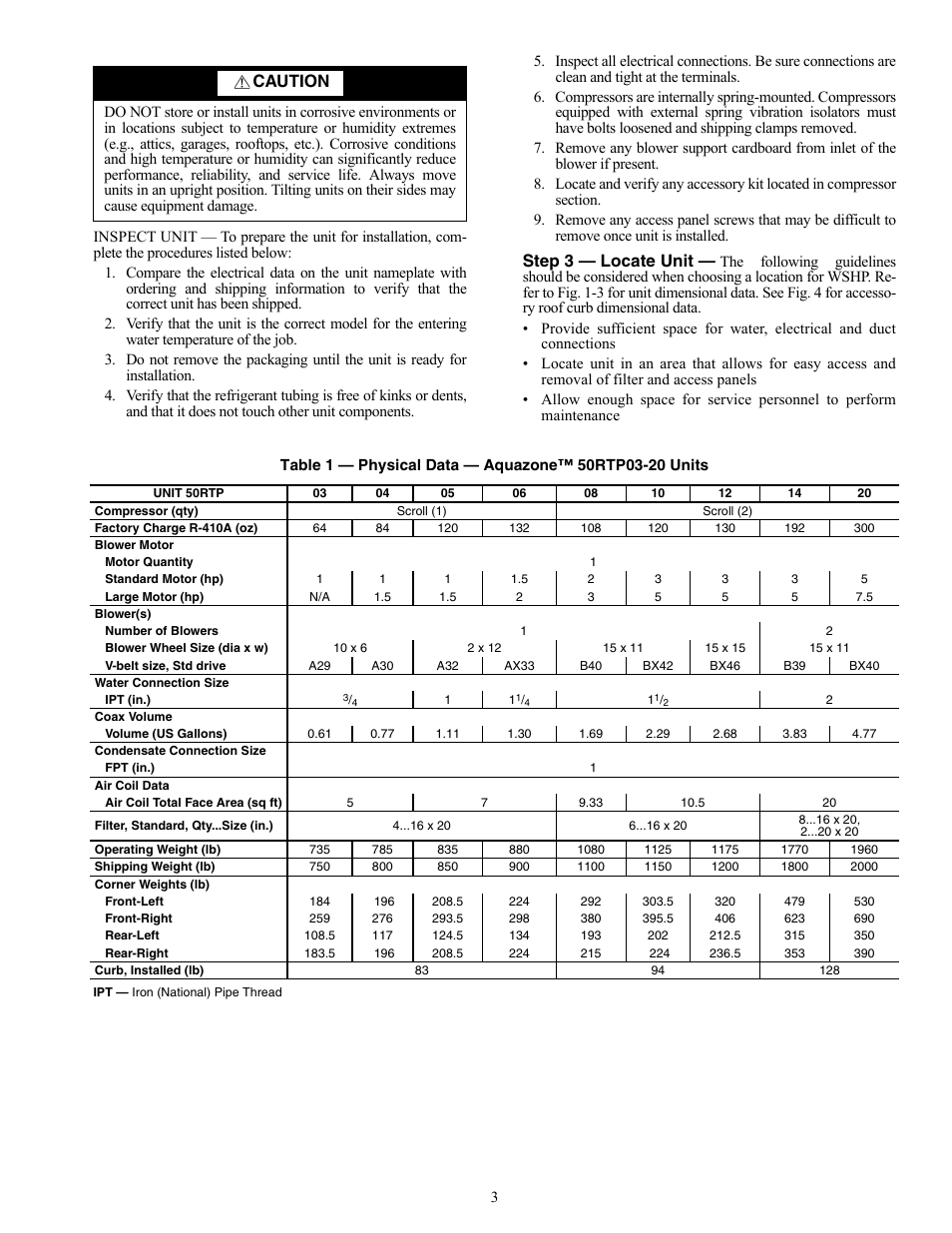 Step 3 — locate unit, Caution | Carrier AQUAZONE 50RTP03-20 User Manual | Page 3 / 60