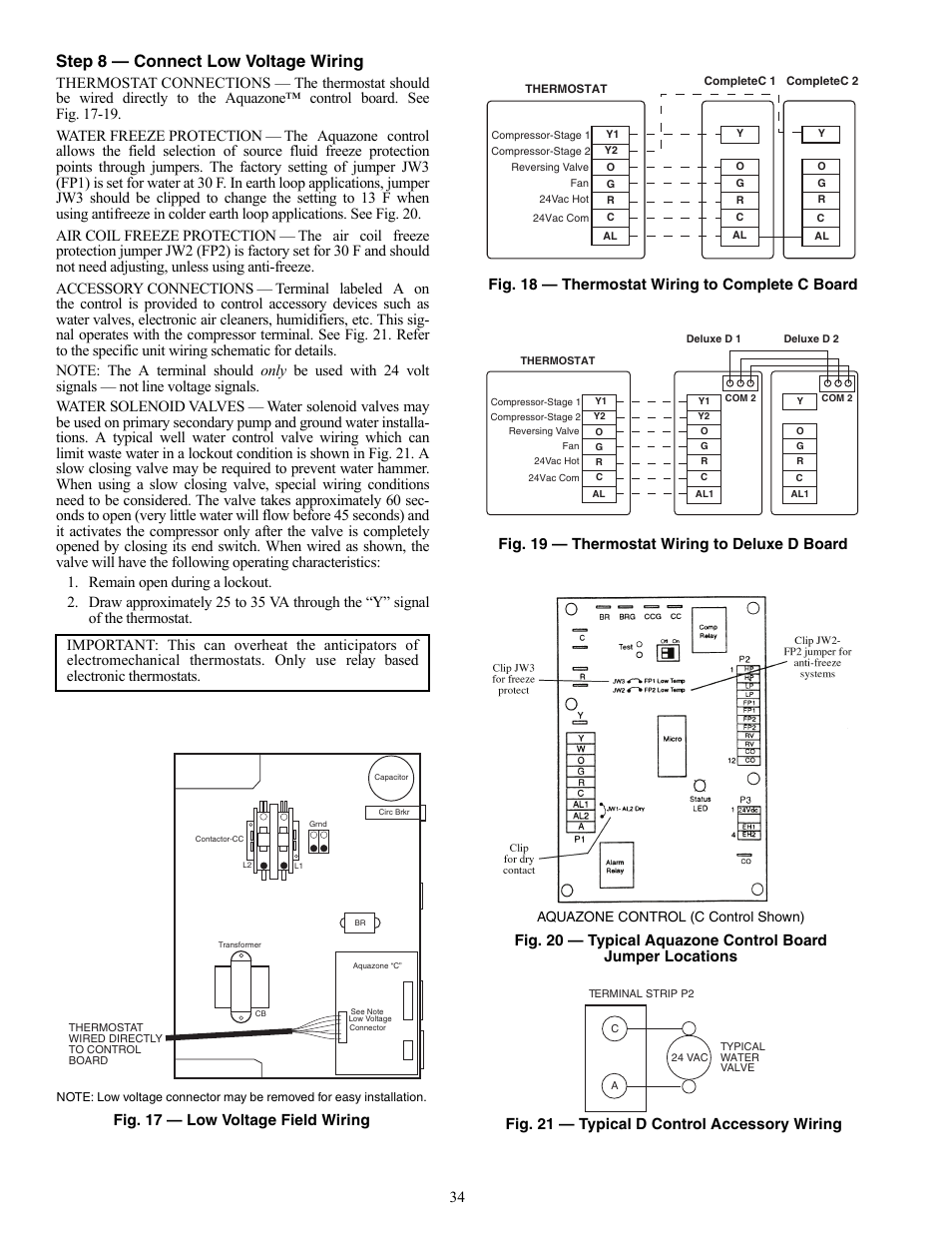 Step 8 — connect low voltage wiring, Fig. 17 — low voltage field wiring, Fig. 18 — thermostat wiring to complete c board | Fig. 19 — thermostat wiring to deluxe d board | Carrier AQUAZONE 50RTP03-20 User Manual | Page 34 / 60