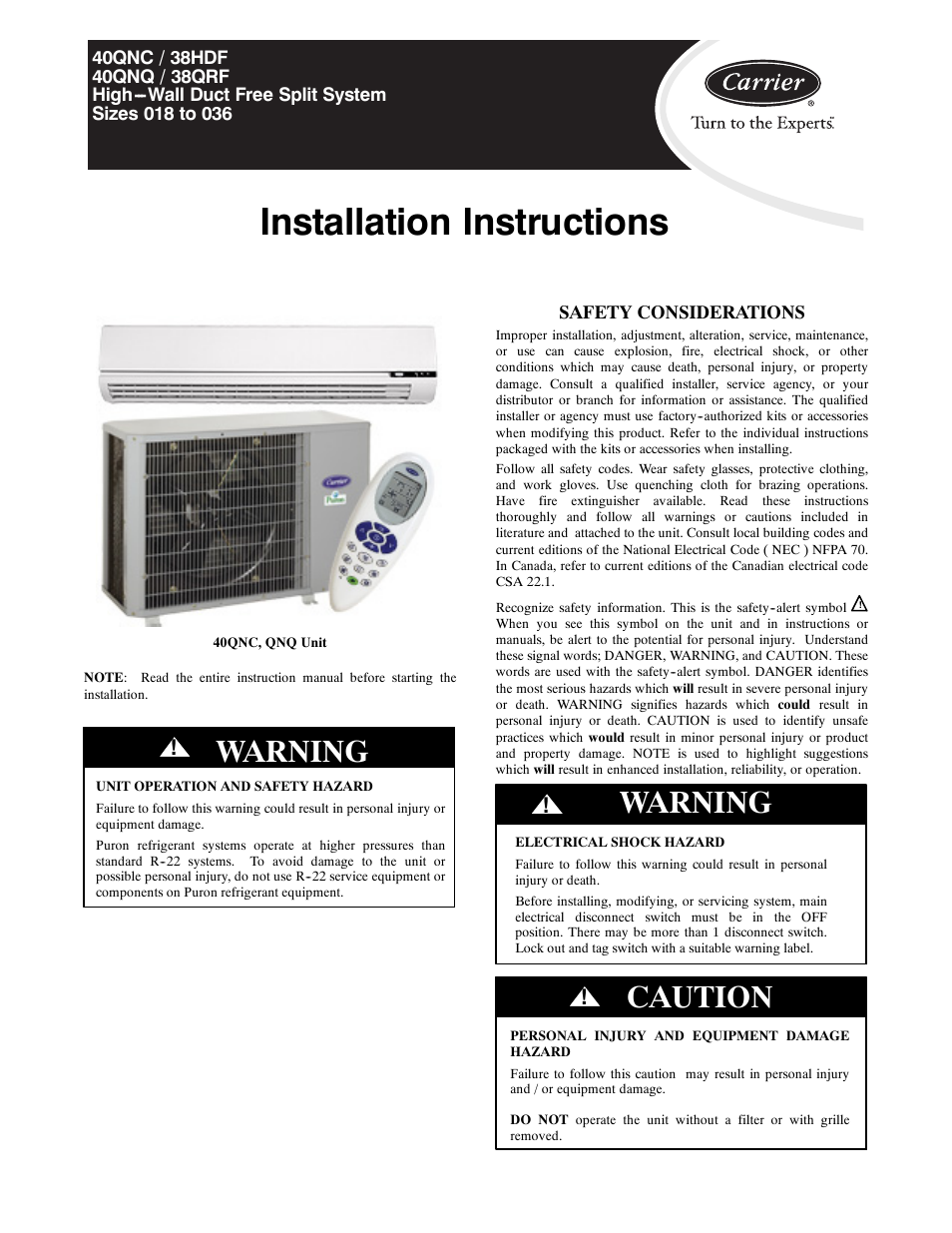 Carrier 40QNQ User Manual | 24 pages