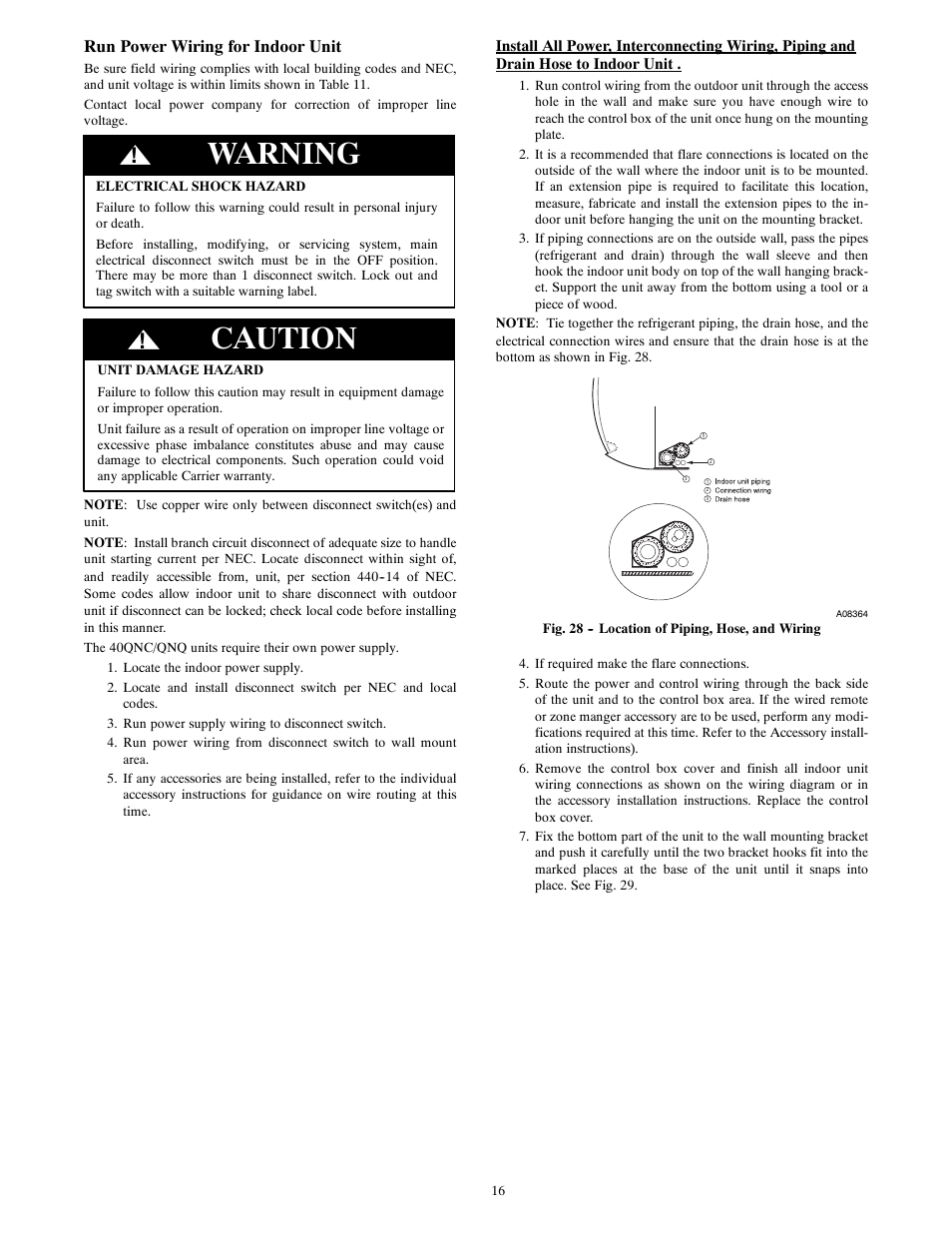 Warning, Caution | Carrier 40QNQ User Manual | Page 16 / 24
