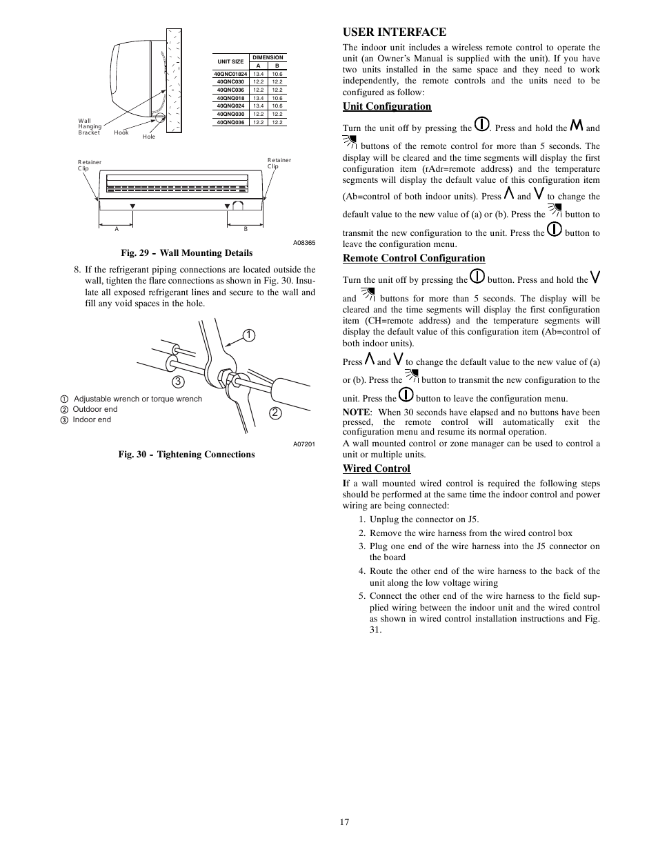 User interface, Unit configuration, Remote control configuration | Wired control | Carrier 40QNQ User Manual | Page 17 / 24