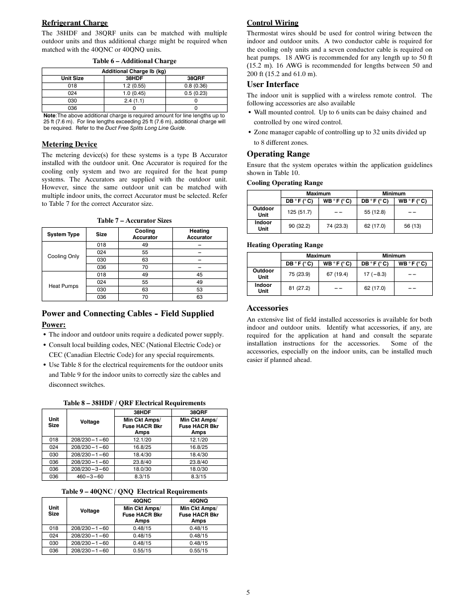 Power and connecting cables -- field supplied, User interface, Operating range | Accessories, Refrigerant charge, Metering device, Power, Control wiring | Carrier 40QNQ User Manual | Page 5 / 24