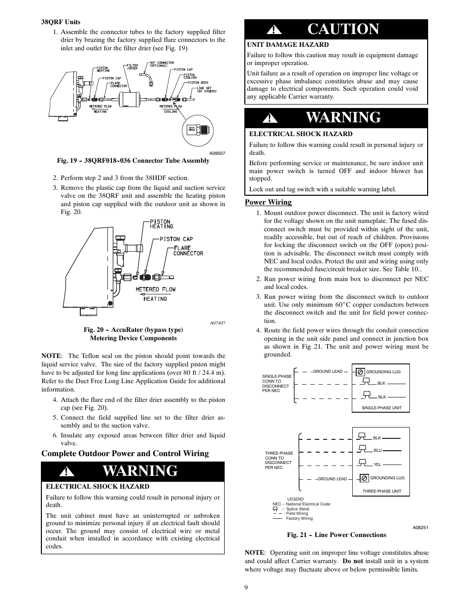 Warning, Caution, Complete outdoor power and control wiring | Carrier 40QNQ User Manual | Page 9 / 24