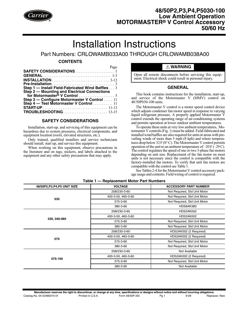 Carrier MOTORMASTER 48/50P5030-100 User Manual | 16 pages