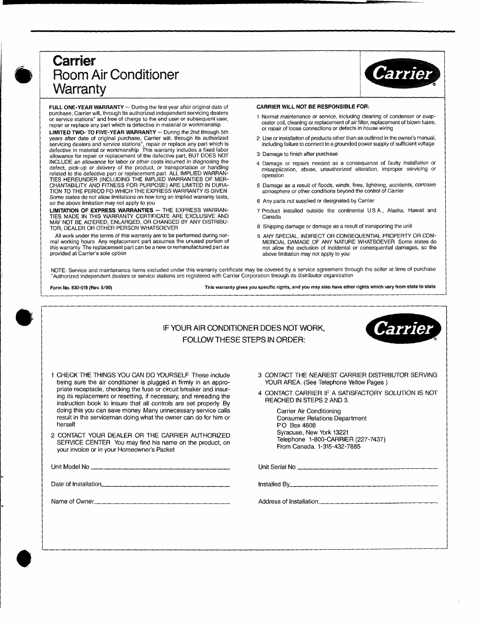 Carrier room air conditioner warranty | Carrier 51CV/GY User Manual | Page 15 / 16