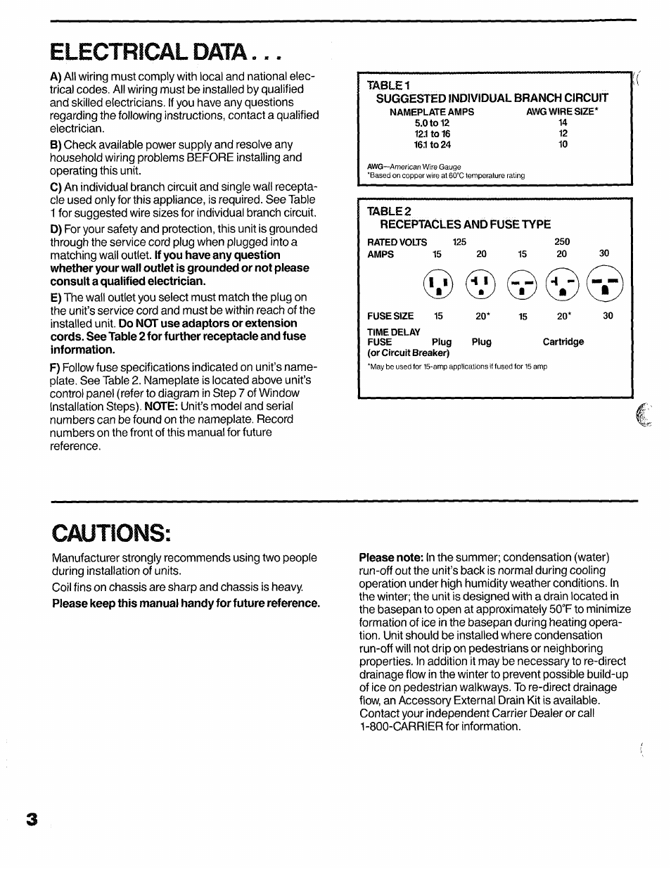 Electrical data, Cautions | Carrier 51CV/GY User Manual | Page 4 / 16
