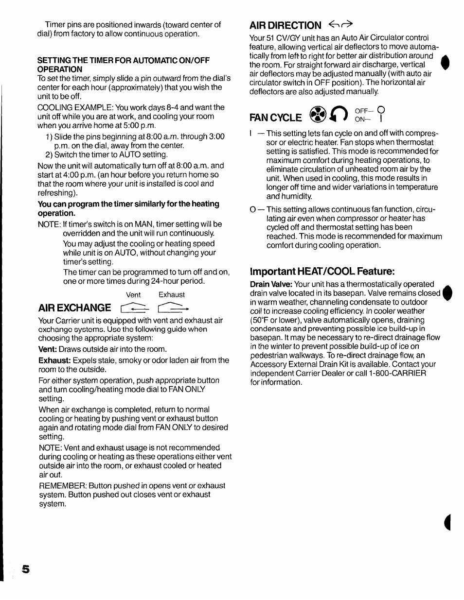 Setting the timer for automatic on/off operation, Air exchange, Air direction | Fan cycle, Important heat/cool feature | Carrier 51CV/GY User Manual | Page 6 / 16