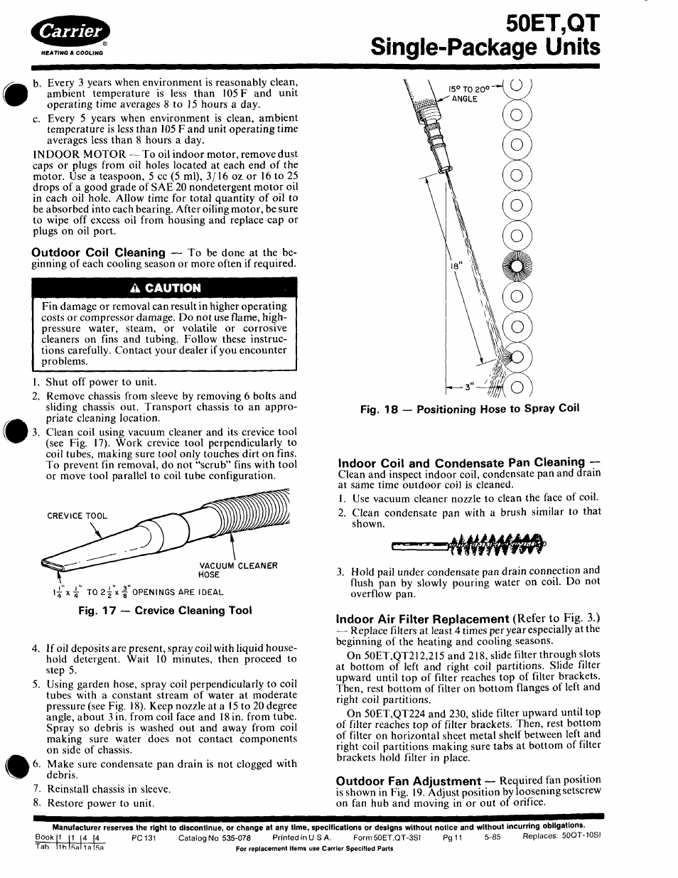 A caution, Indoor coil and condensate pan cleaning, 50et,qt single-package units | Carrier 50ET User Manual | Page 11 / 14