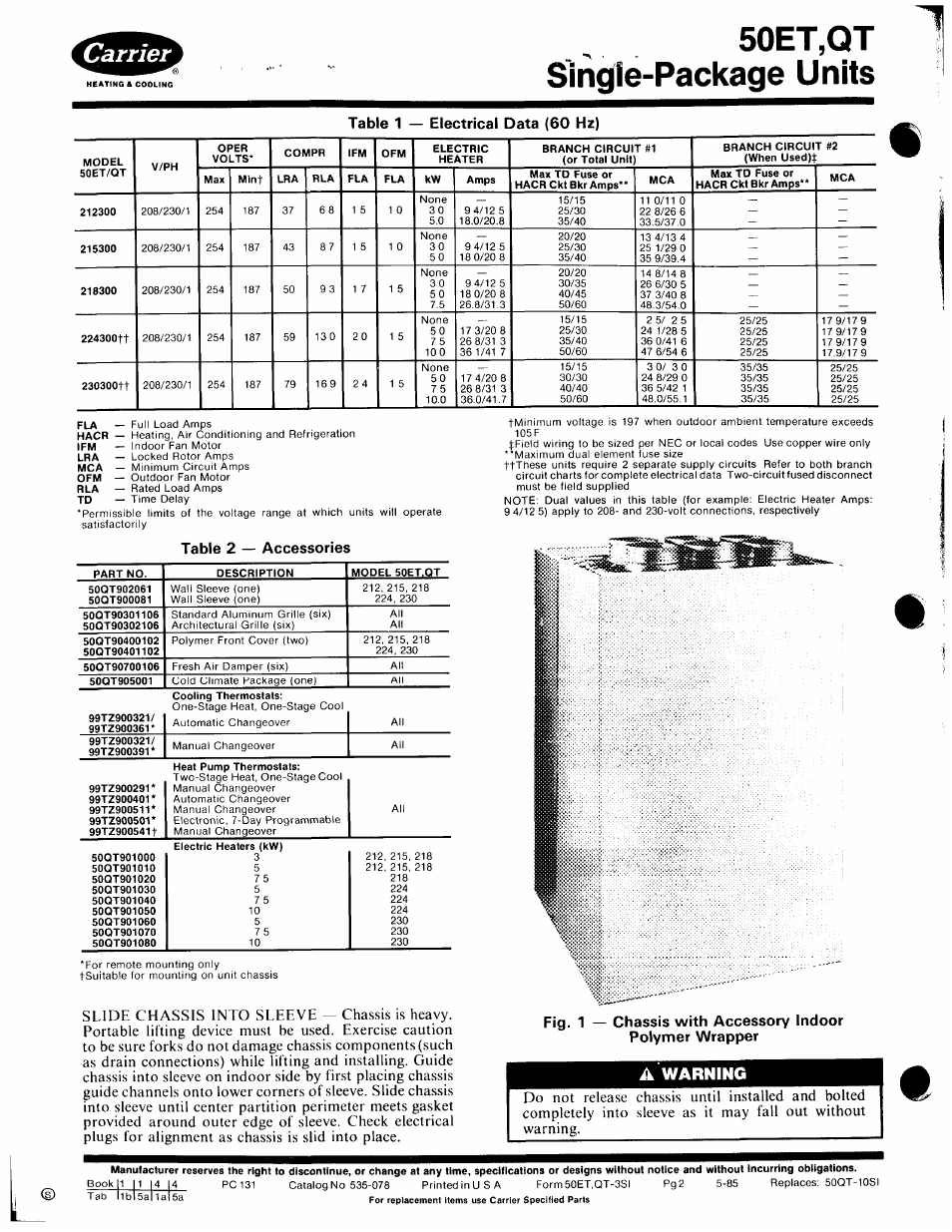 A warning, 50et,qt single-package units, Table 1 — electrical data (60 hz) | Table 2 — accessories | Carrier 50ET User Manual | Page 2 / 14