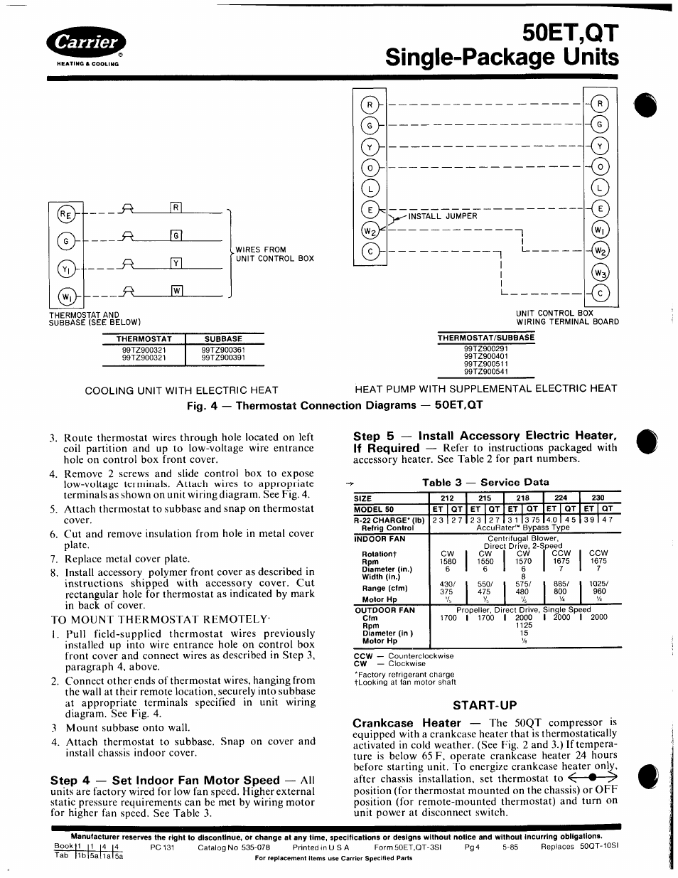Step 4 — set indoor fan motor speed — all, Start-up, 50et,qt single-package units | Carrier 50ET User Manual | Page 4 / 14