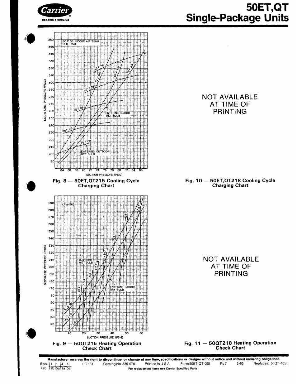 Fig. 10 — 50et.qt218 cooling cycle charging chart, Fig. 11 — 50qt218 heating operation check chart, 50et,qt single-package units | Not available at time of printing | Carrier 50ET User Manual | Page 7 / 14