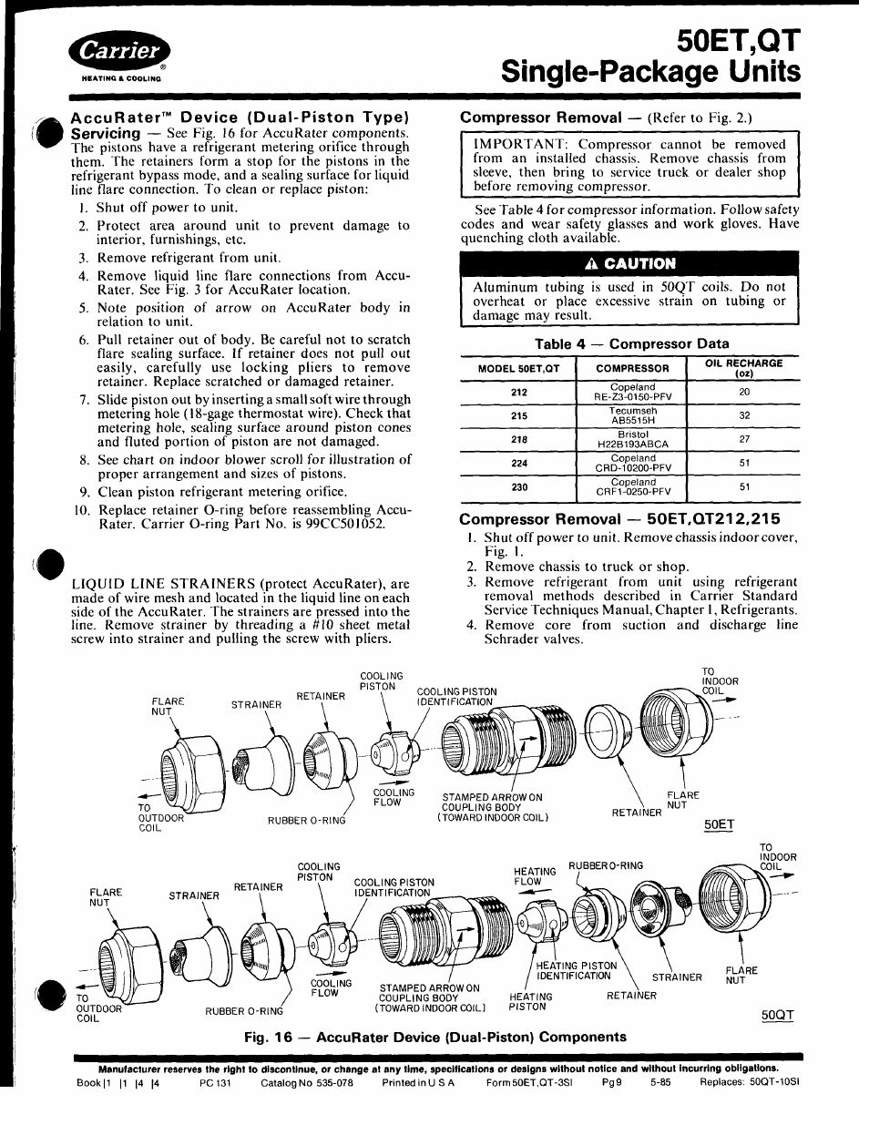 A caution, Compressor removal — 50et,qt212,215, 50et,qt single-package units | Carrier 50ET User Manual | Page 9 / 14