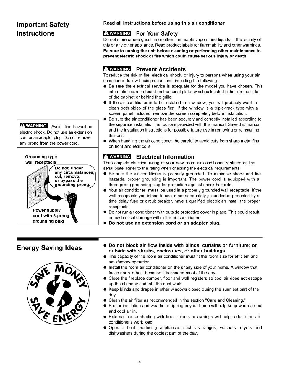 Do not use an extension cord or an adapter plug, Important safety instructions, Energy saving ideas | Carrier 52F User Manual | Page 4 / 10