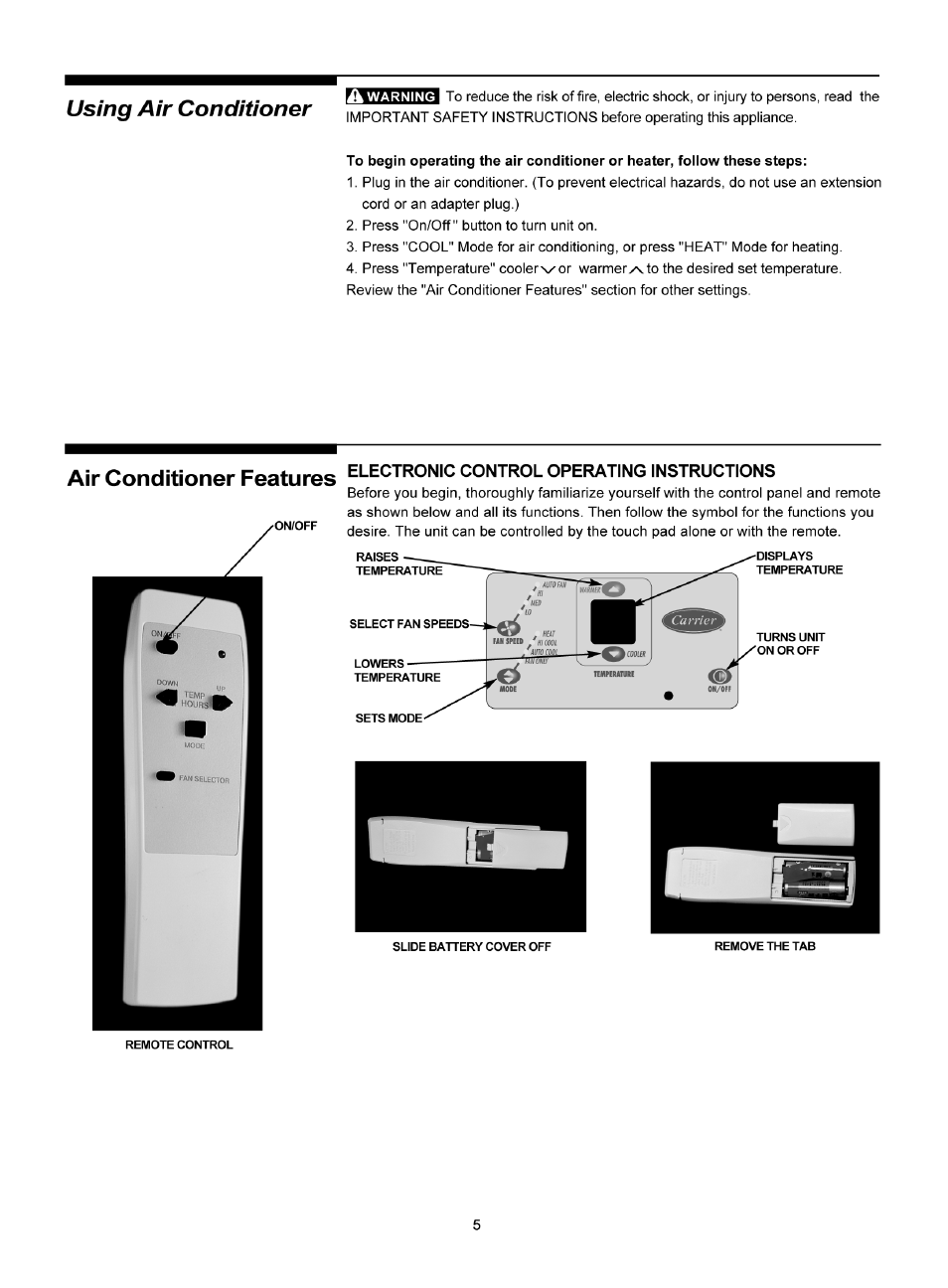 Using air conditioner, Air conditioner features | Carrier 52F User Manual | Page 5 / 10