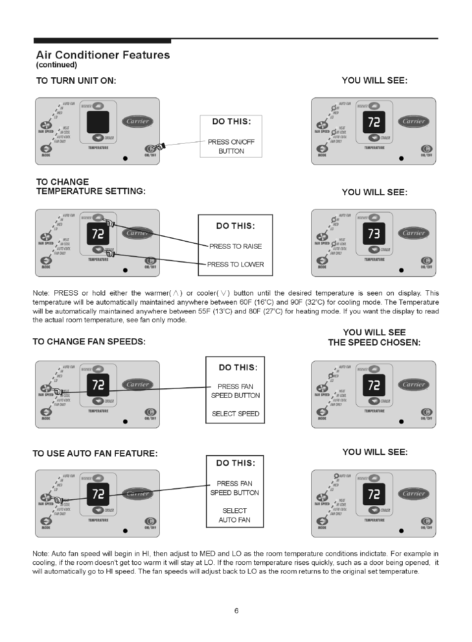 To turn uniton, To change, Temperature setting | You will see, To change fan speeds: the speed chosen, Do this, Air conditioner features, Continued), Fahom | Carrier 52F User Manual | Page 6 / 10