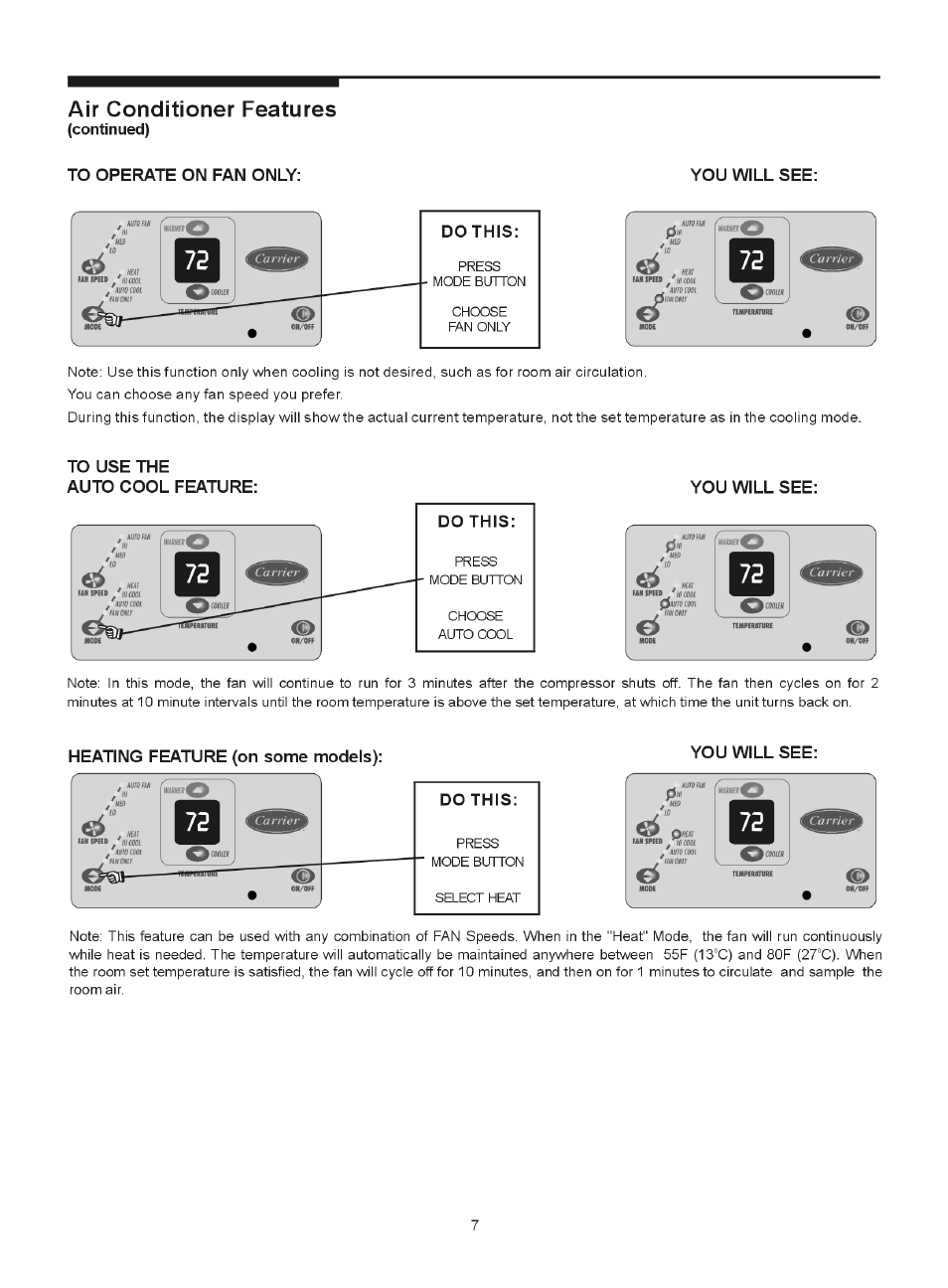 Continued), To operate on fan only, Do this | To use the, Auto cool feature, Heating feature (on some models), You will see, Air conditioner features, Ouhom o | Carrier 52F User Manual | Page 7 / 10