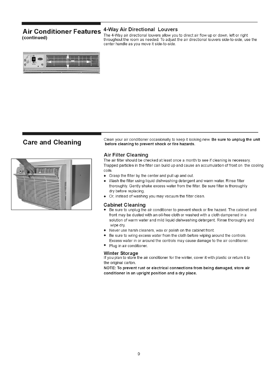 Way air directional louvers, Air filter cleaning, Cabinet cleaning | Winter storage, Air conditioner features, Care and cleaning | Carrier 52F User Manual | Page 9 / 10