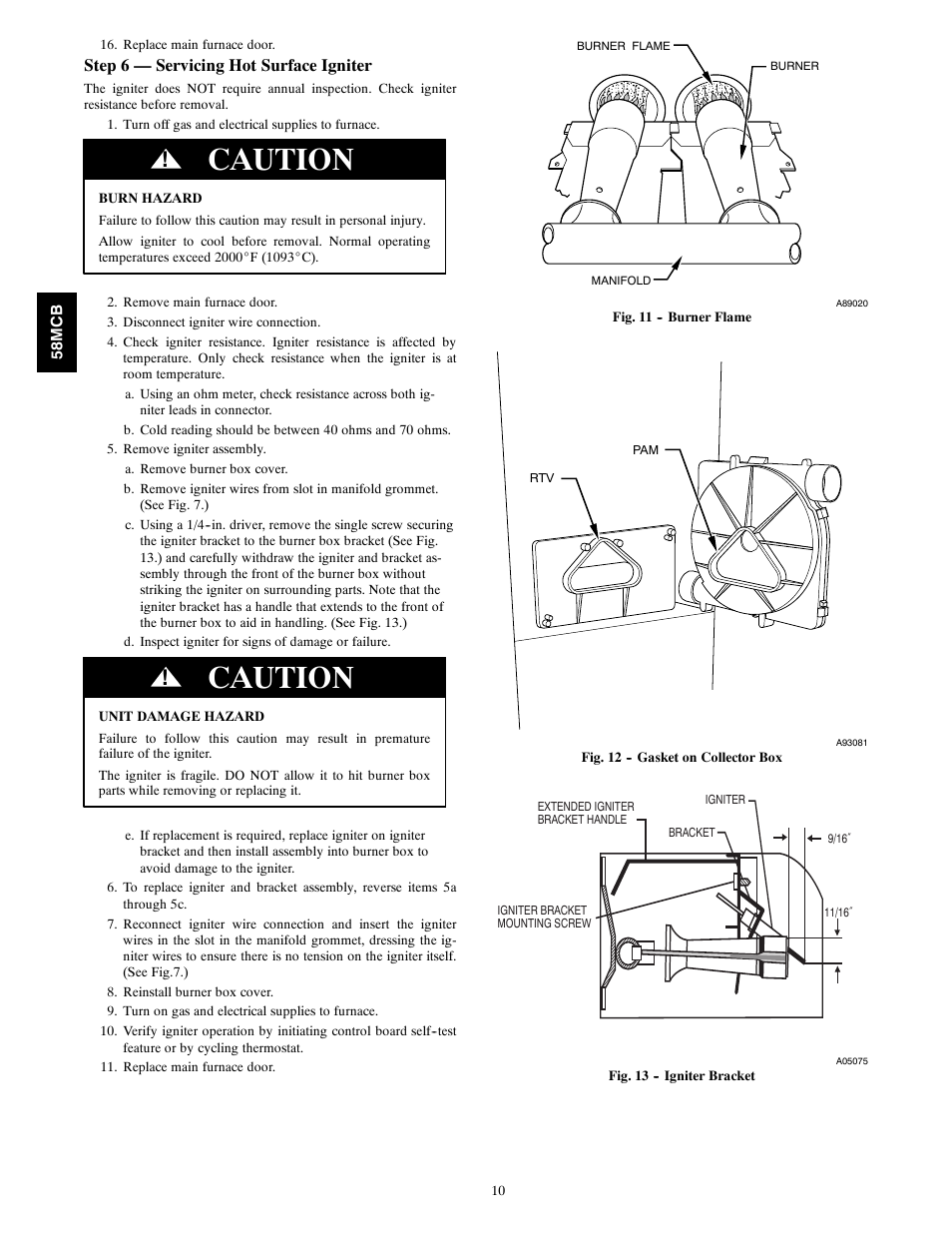 Caution, Step 6 — servicing hot surface igniter | Carrier 58MCB User Manual | Page 10 / 20