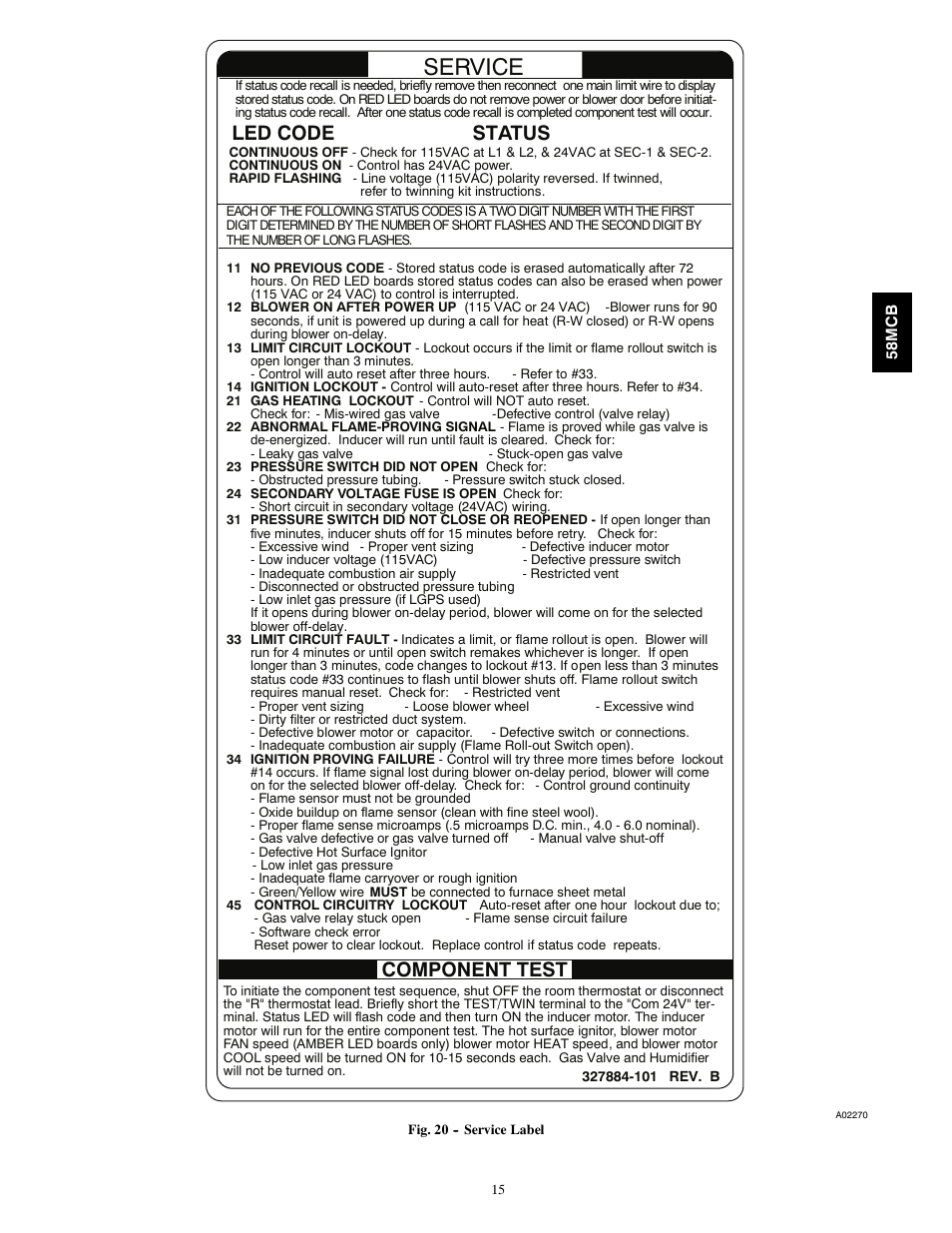 Service, Led code, Status | Component test | Carrier 58MCB User Manual | Page 15 / 20