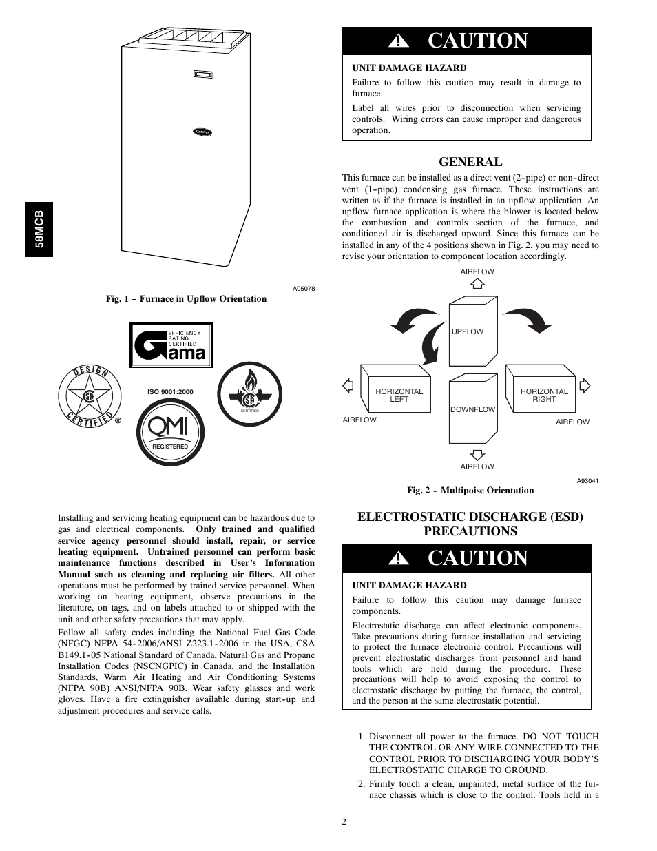 Caution, General, Electrostatic discharge (esd) precautions | Carrier 58MCB User Manual | Page 2 / 20