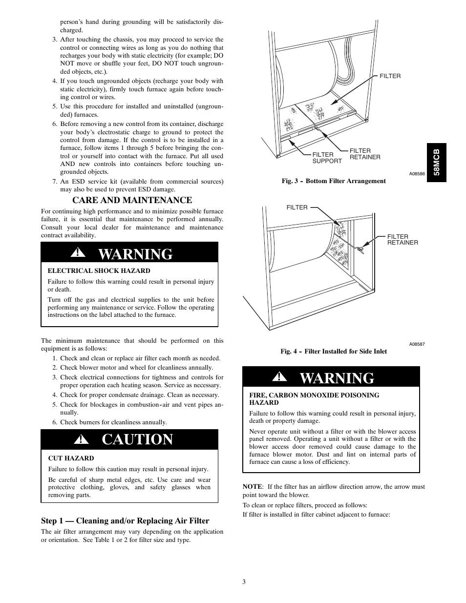 Warning, Caution, Care and maintenance | Carrier 58MCB User Manual | Page 3 / 20