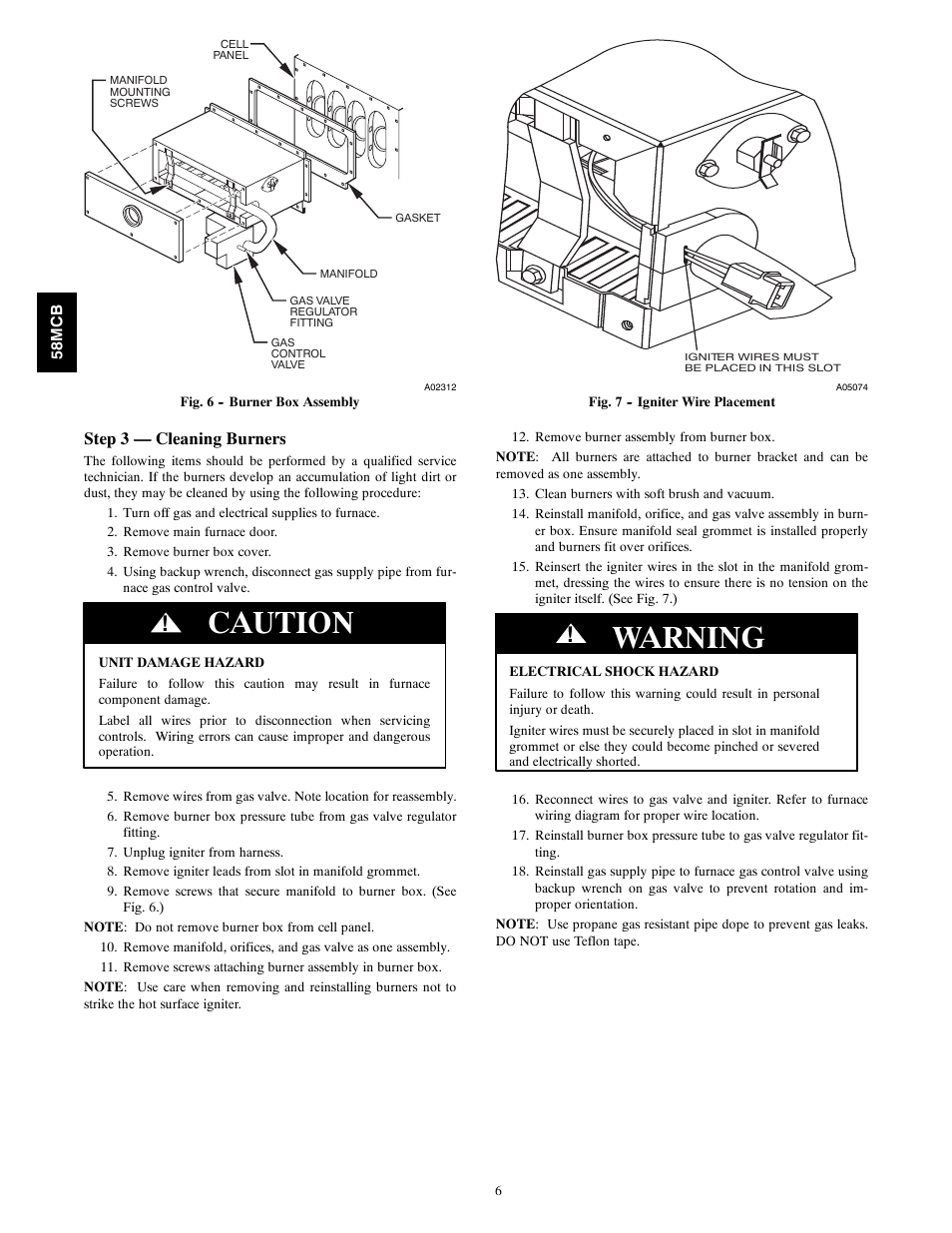 Caution, Warning, Step 3 — cleaning burners | Carrier 58MCB User Manual | Page 6 / 20