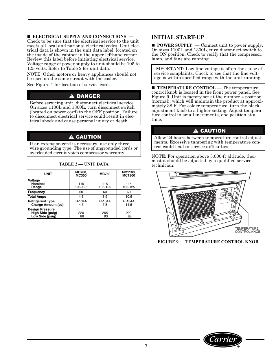 Initial start-up | Carrier Miracool 260L User Manual | Page 7 / 16