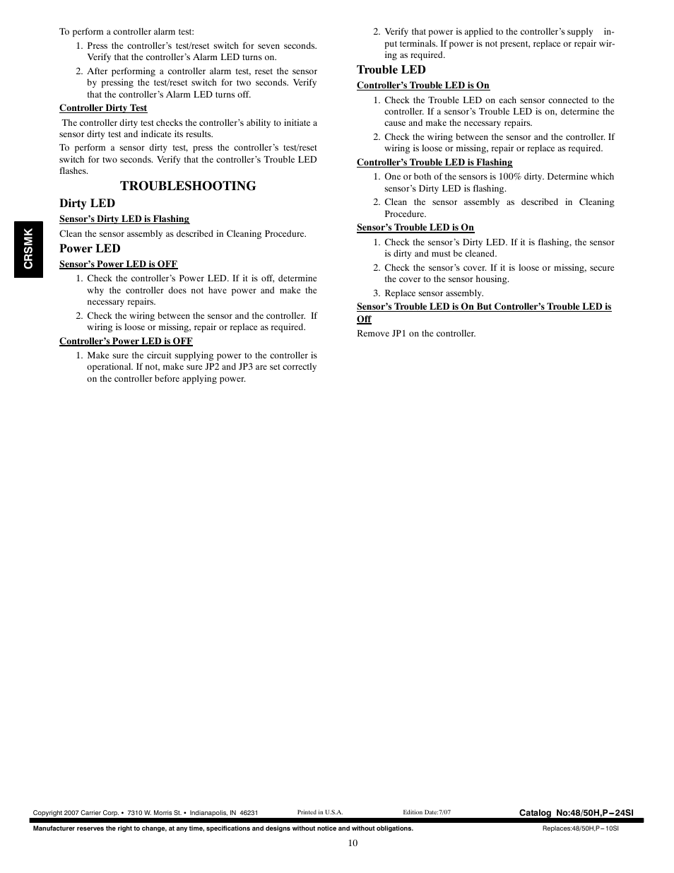 Troubleshooting, Dirty led, Power led | Trouble led | Carrier 48/50PG20-28 User Manual | Page 10 / 10