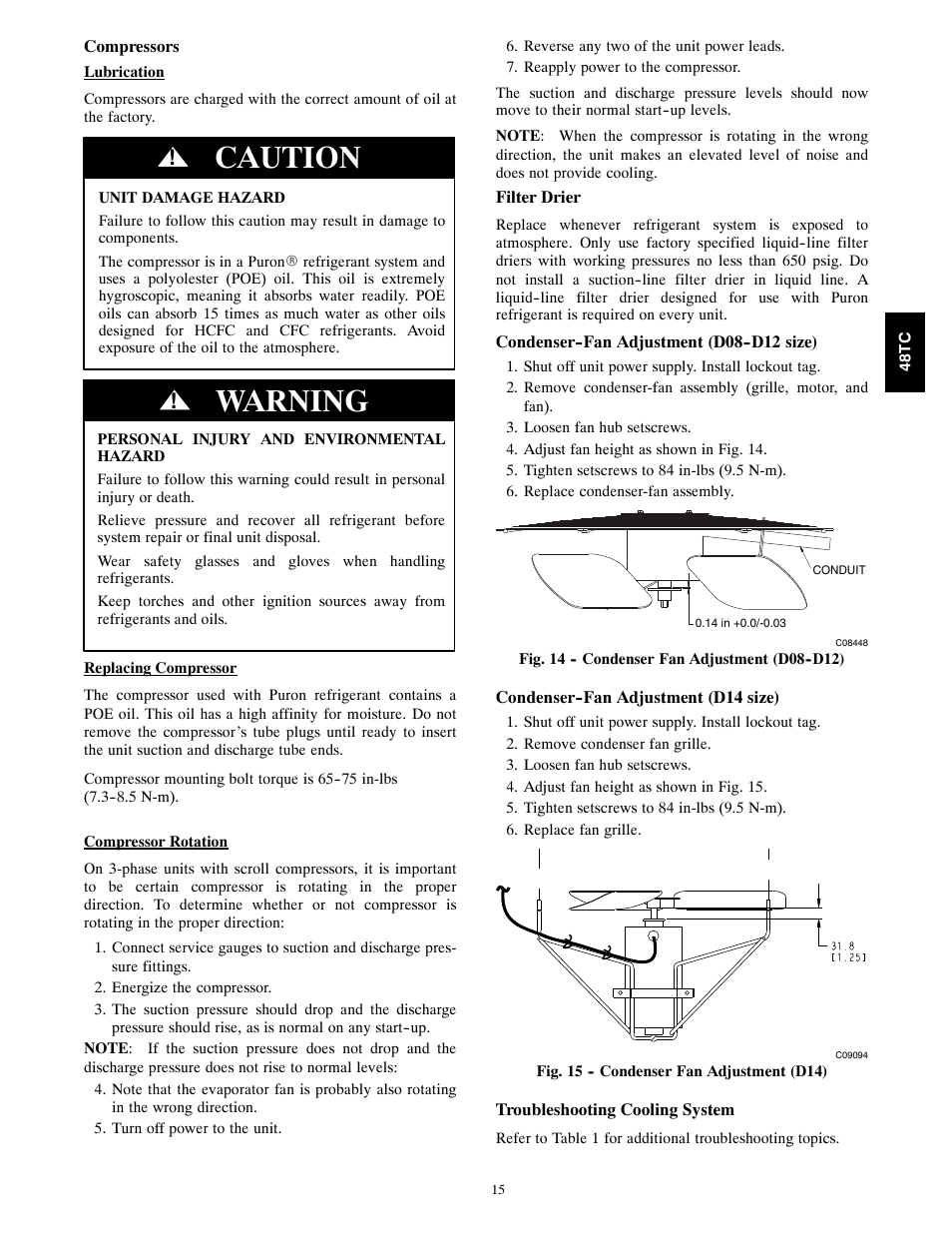 Caution, Warning | Carrier 48TC*D08 User Manual | Page 15 / 98