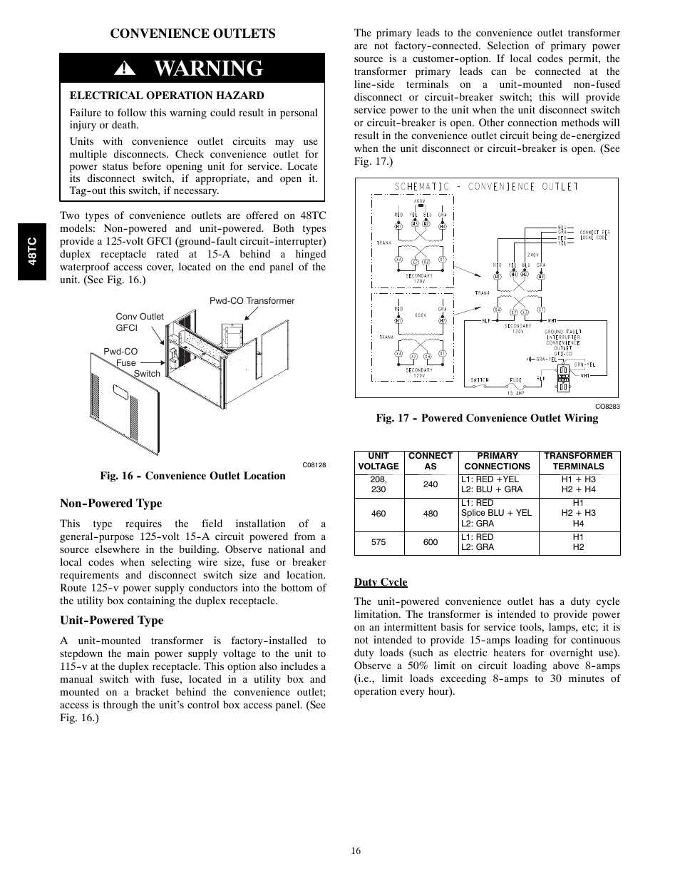 Warning, Convenience outlets | Carrier 48TC*D08 User Manual | Page 16 / 98