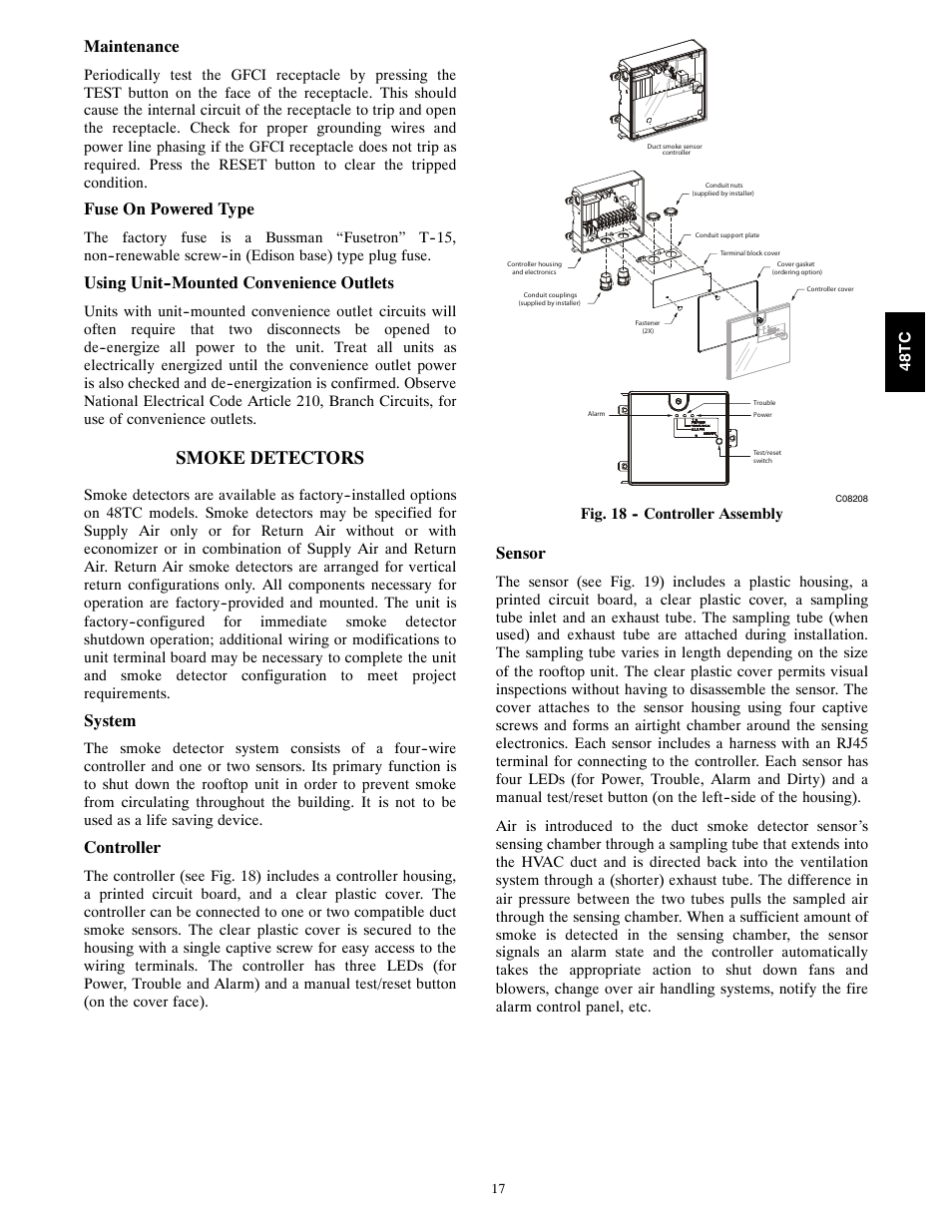 Smoke detectors, Maintenance, Fuse on powered type | Using unit--mounted convenience outlets, System, Controller, Sensor | Carrier 48TC*D08 User Manual | Page 17 / 98