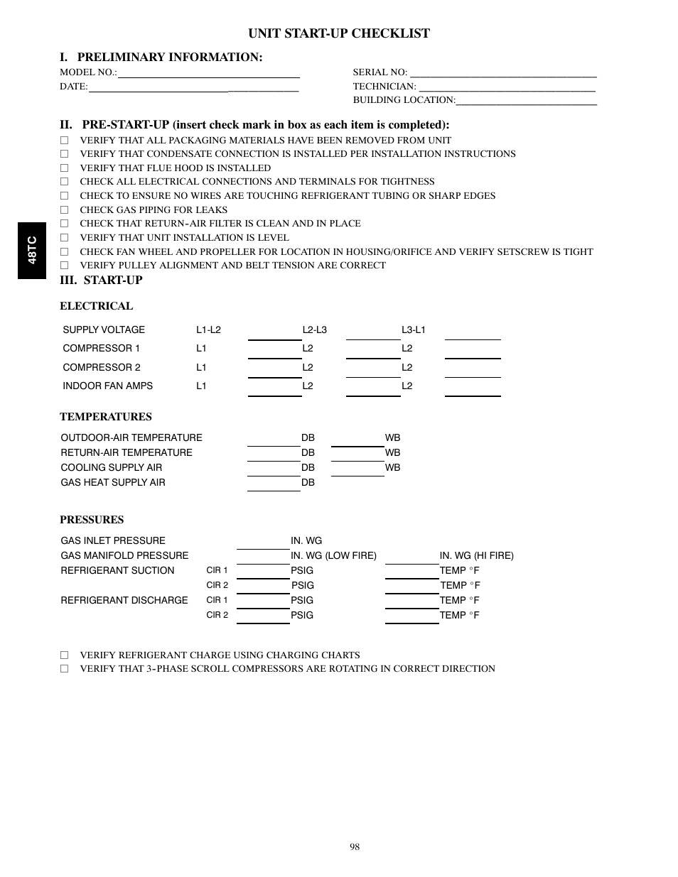 Unit start-up checklist, I. preliminary information, Iii. start-up | Carrier 48TC*D08 User Manual | Page 98 / 98