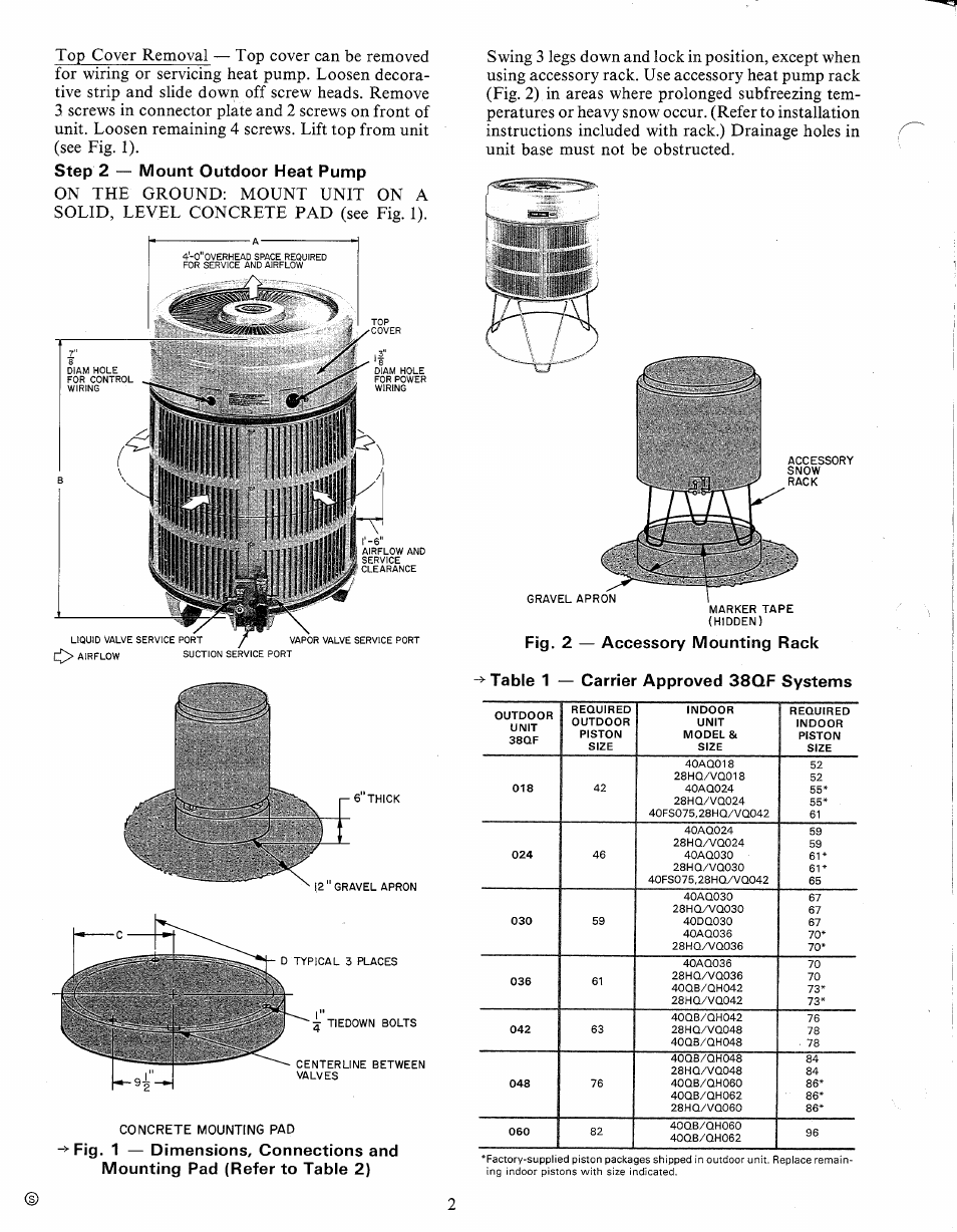 Step 2 — mount outdoor heat pump | Carrier 38QF User Manual | Page 2 / 18