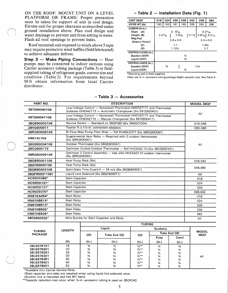 Table 3 — accessories, Step 3 — make piping connections, Ve va | Carrier 38QF User Manual | Page 3 / 18