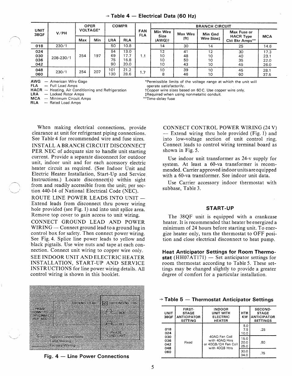 Start-up, Fig. 4 — line power connections, Table 4 — electrical data (60 hz) | Heat anticipator settings for room thermo­ stat | Carrier 38QF User Manual | Page 5 / 18