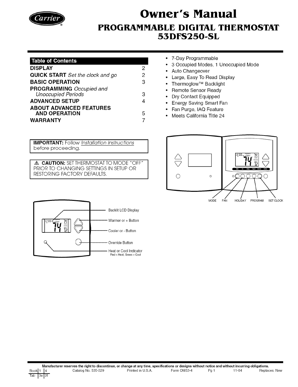 Carrier 53DFS250-SL User Manual | 8 pages